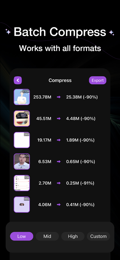 Interface of the app showing batch video compression with a ninety percent size reduction for several files.