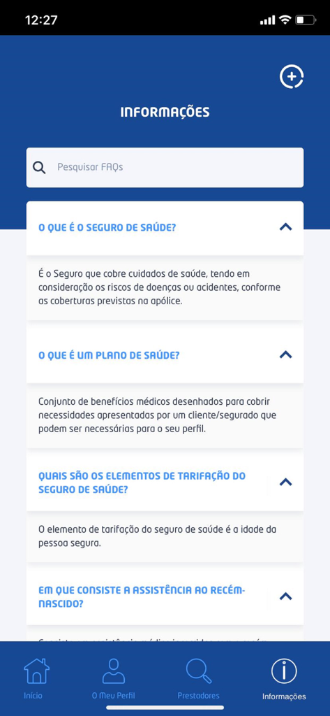Ensa Saúde - Tela de Perguntas Frequentes e informações do aplicativo móvel Ensa Saude