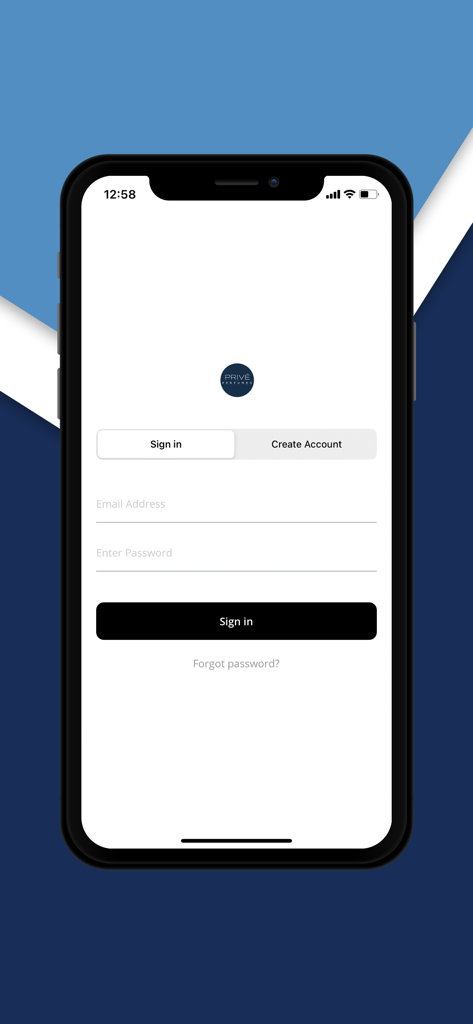 Privé Perfumes - Pantalla de inicio de sesión para la aplicación móvil Prive Perfumes