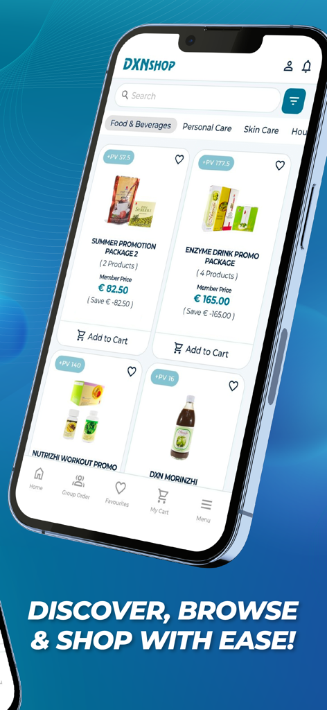 DXN Shop - Interfaccia dell'app mobile DXN Shop che mostra vari prodotti per la salute e pacchetti promozionali.