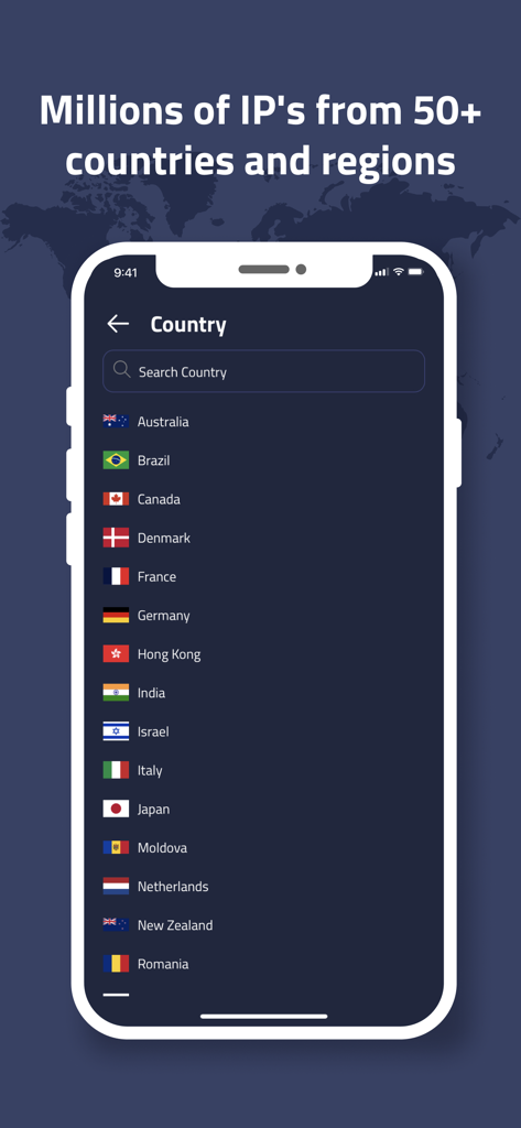 Residential VPN - Residential VPN app interface showing a list of over fifty countries and regions for IP selection