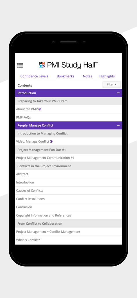 PMI Study Hall - Screenshot of the PMI Study Hall app showing the course contents for PMP exam preparation including modules on managing conflict.