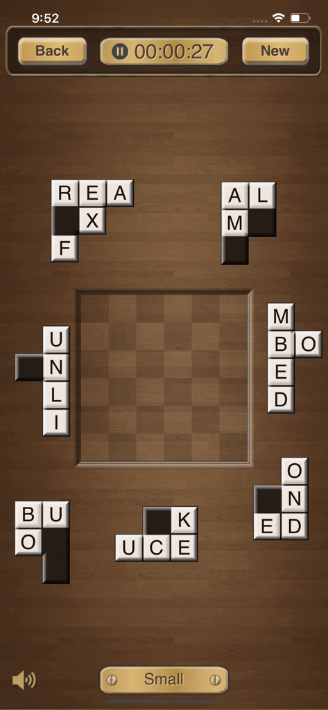 Crossword Jigsaw Puzzles - A word game interface showing crossword jigsaw pieces with letters scattered around a central grid on a wooden background