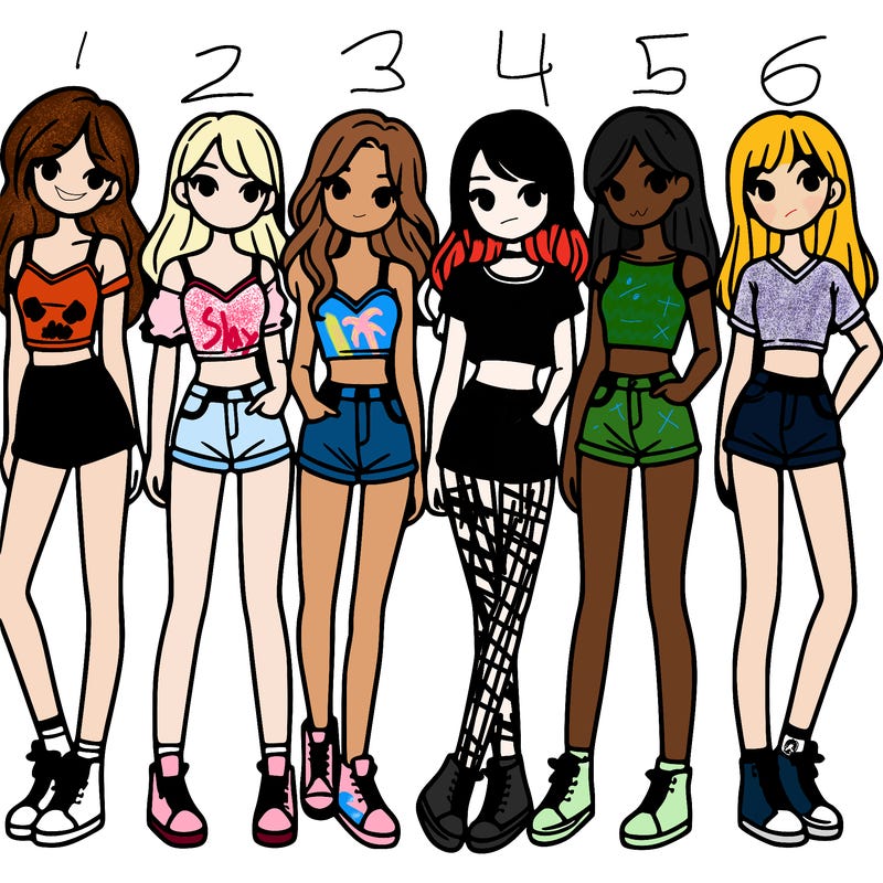 a group of girls wearing crop tops and shorts