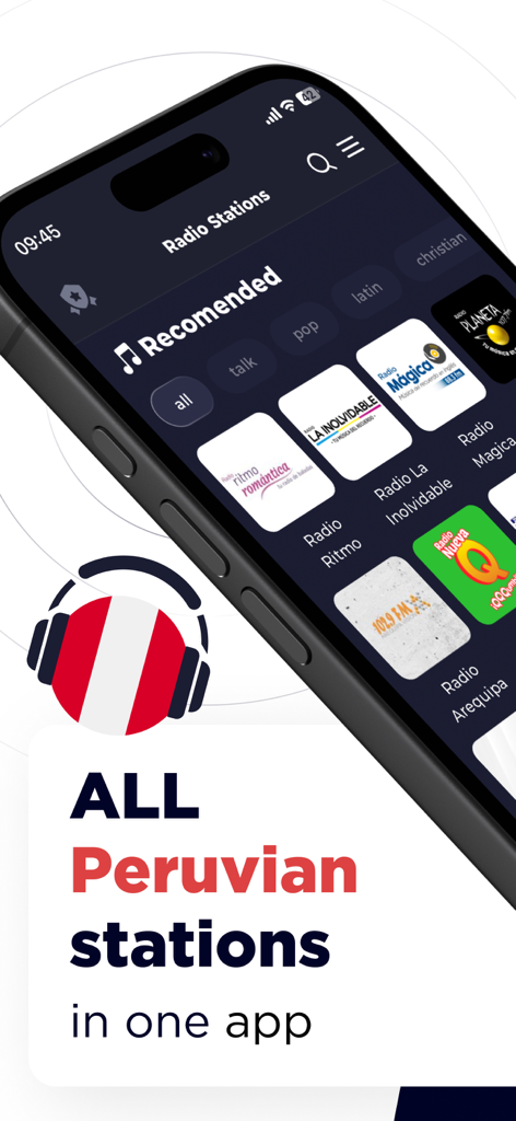 Radio Peru - Live FM & AM - Interface of Radio Peru app showing a list of recommended Peruvian radio stations