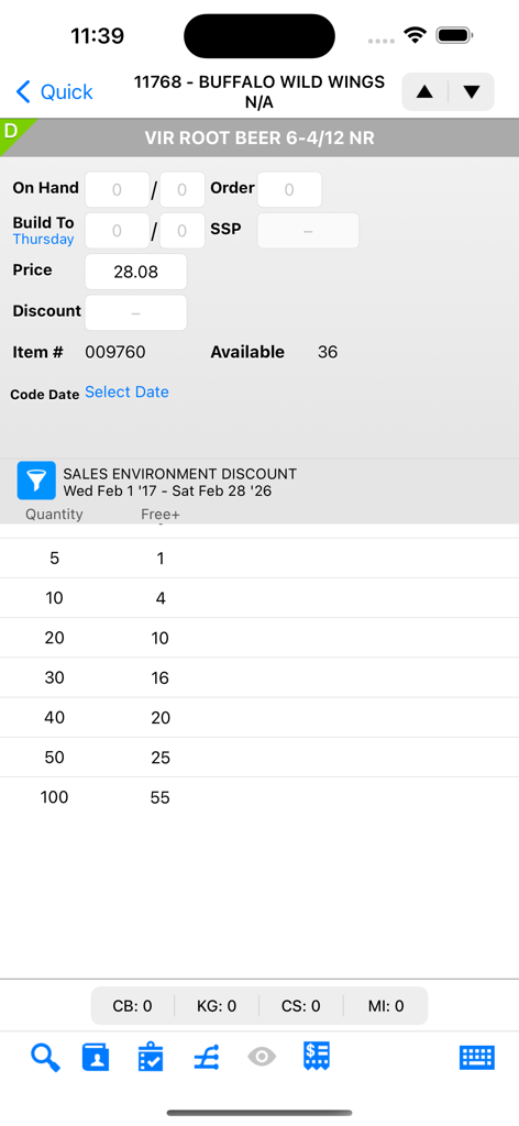 VIP Sales app screen showing beverage inventory details, pricing, and volume discount tiers for a wholesale account.