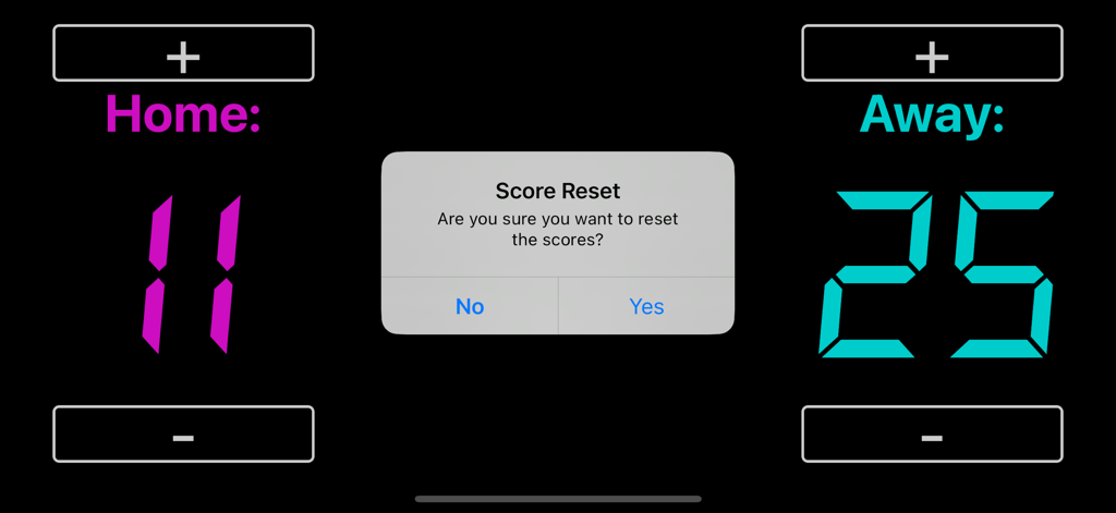 Sports Score Tracker - Sports Score Tracker app showing a score reset confirmation popup over a digital scoreboard
