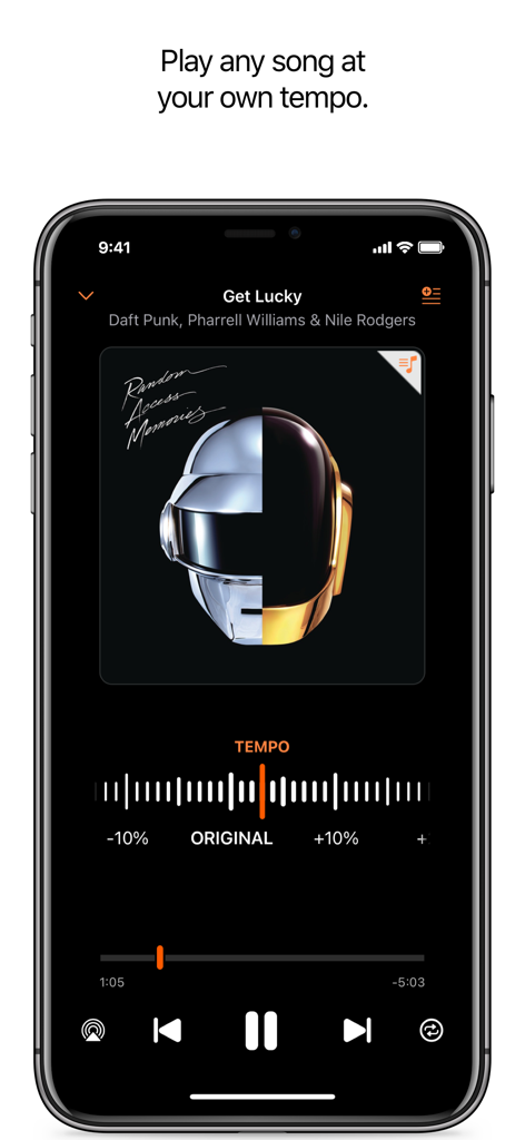 Perfect Tempo app on iPhone showing a song playing with a custom tempo adjustment slider for music practice.