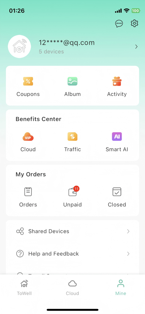 ToWell - ToWell app profile screen with user account information and device management