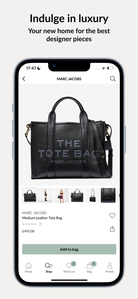 Frasers app product page displaying a Marc Jacobs black leather tote bag with luxury shopping options.