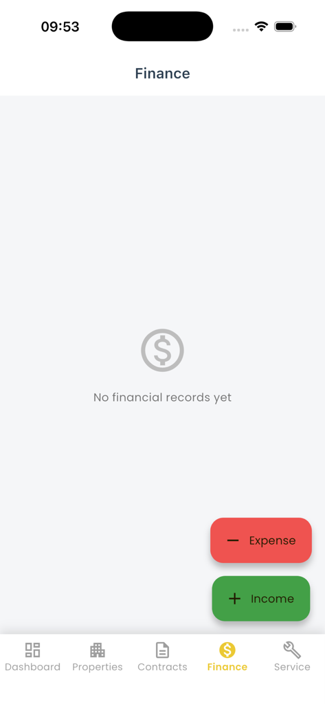 Read Progre: Renting-Tenants - Seção financeira do aplicativo Read Progre com botões para rastrear receitas e despesas de aluguel.