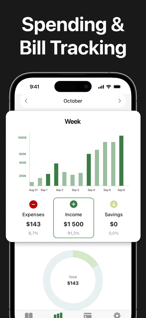 Budget Planner and Trackerㅤ - Mobile app screen showing weekly spending and bill tracking with a bar chart