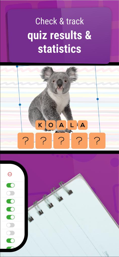 Make It: Create learning games - An interface showing a koala spelling game and a dashboard to track quiz results and statistics.