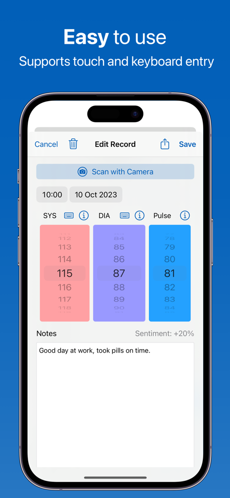 Feeltracker app manual entry interface for blood pressure and pulse readings