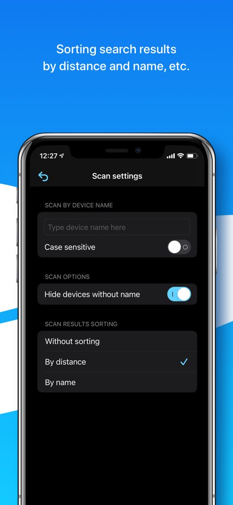 Find Device - bluetooth finder - Pantalla de configuración de escaneo en la aplicación Find Device que muestra opciones para filtrar por nombre de dispositivo y ordenar los resultados por distancia o nombre