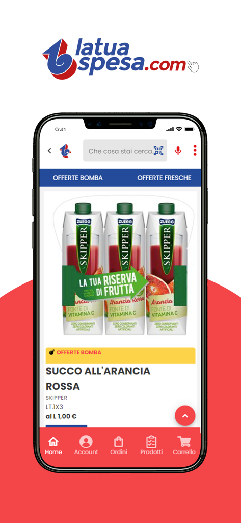 LaTuaSpesa - Bildschirm der LaTuaSpesa-App mit Lebensmittelangeboten für Blutorangensaft