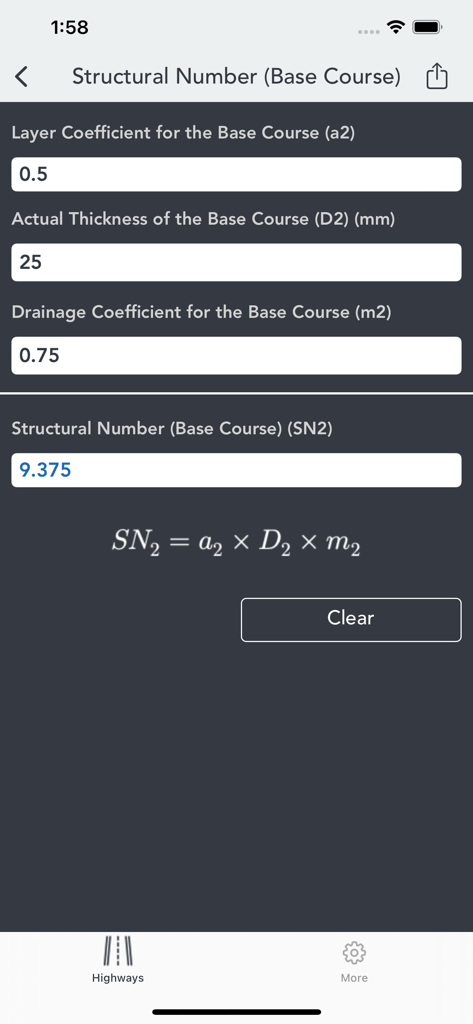 Highways & Roadwork Calculator - App Calcolatrice Autostrade e Lavori Stradali che mostra la schermata di calcolo del numero strutturale per lo strato di base.