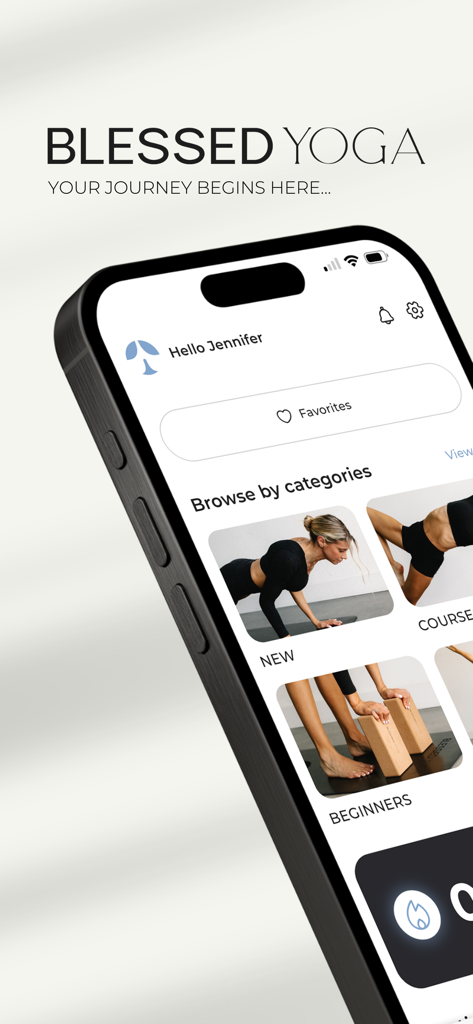 Blessed Yoga by Jen Morel - Smartphone displaying the Blessed Yoga app interface with yoga categories and a personalized welcome message