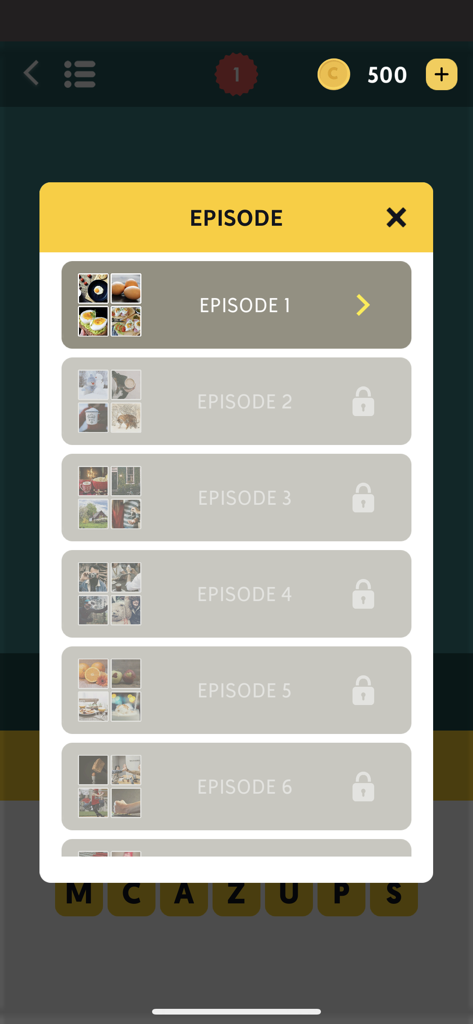 Episode selection screen in Word Picture puzzle game
