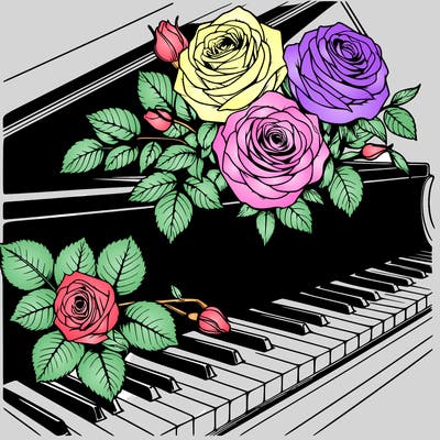 roses on piano realistic