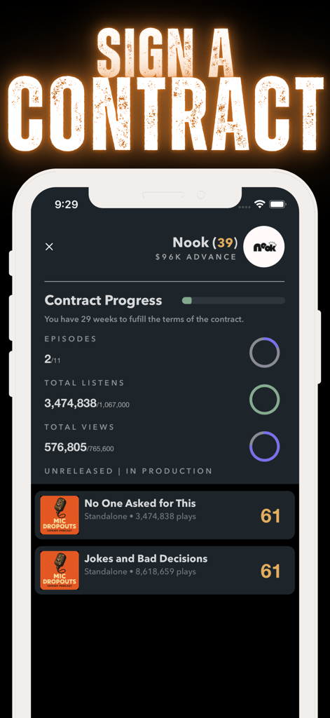 A screen from Life Simulator Podcast Star showing contract progress and podcast statistics like listens and views