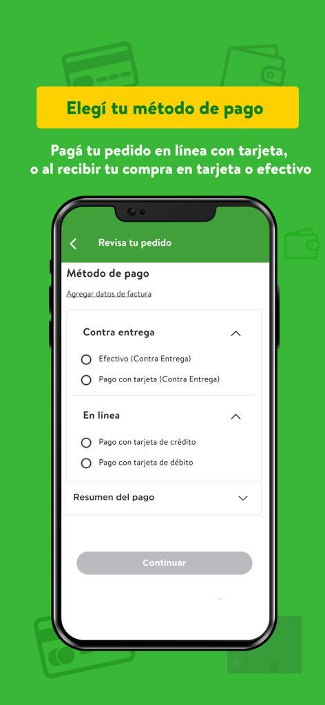 Maxi Palí - Maxi Pali app screen showing various payment methods including online credit card and cash on delivery.