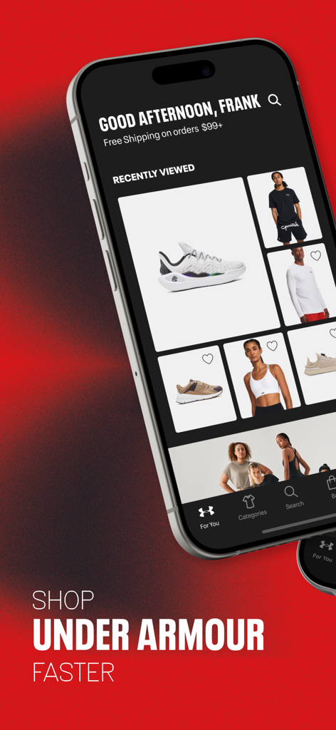 Under Armour mobile app interface featuring personalized shopping recommendations for athletes