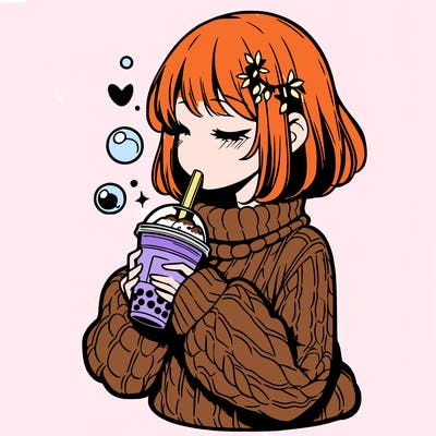 manga girl drinking boba in cozy sweater