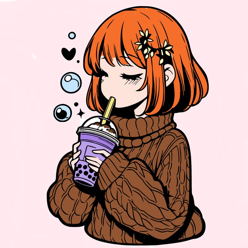 manga girl drinking boba in cozy sweater