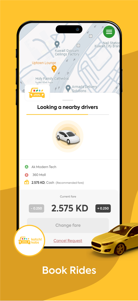 Katch! KW - Katch! KWモバイルアプリのインターフェース。クウェートでの手頃な価格のタクシー予約用。