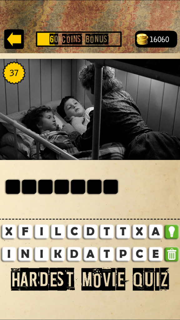 Hardest Movie Quiz: Guess Film - Hardest Movie Quiz game interface showing a black and white film scene puzzle with letter tiles