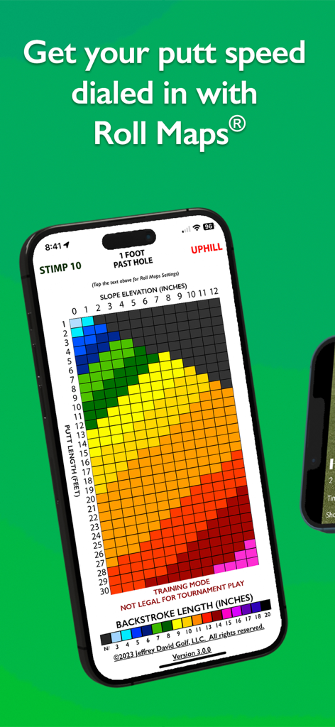 Slopegraide - Slopegraideモバイルアプリ。ゴルフパッティングスピードとバックスローク長を示すカラーコード化されたロールマップチャートが表示されています。