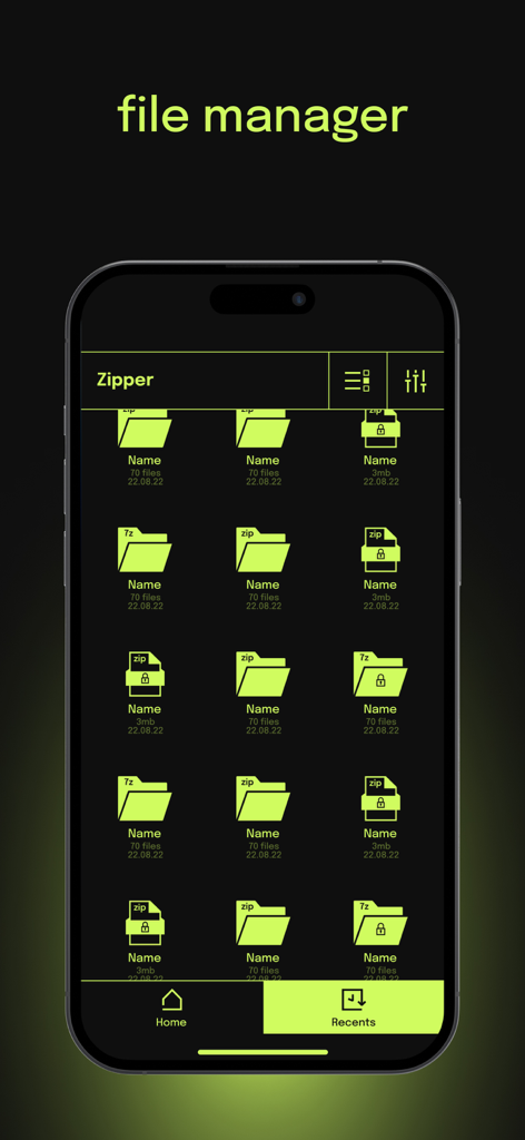 ZIP Extractor - UnZIP, UnRar - Uma elegante interface de gerenciador de arquivos móvel em modo escuro com ícones verde neon mostrando arquivos zip e 7z