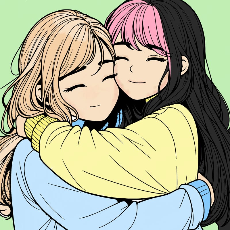 realistic two girls hugging