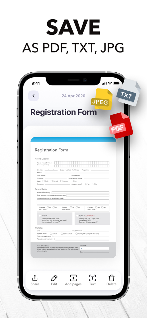 PDF Scanner App: Scanner+ Docs - Interfaz de la aplicación Scanner+ en un smartphone mostrando un formulario de registro escaneado con opciones para guardar como PDF, TXT y JPG