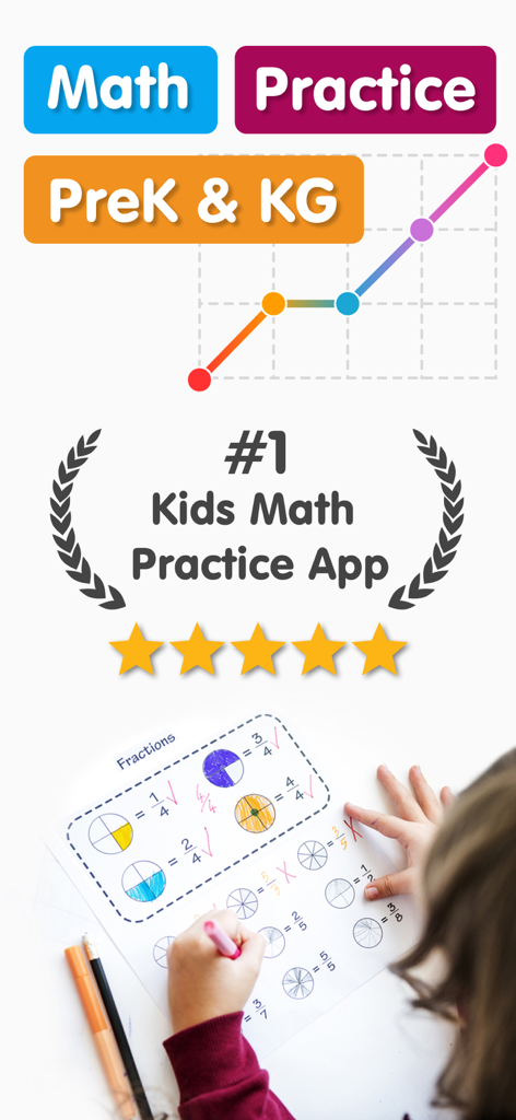 Number one rated math practice app for PreK and Kindergarten students showing a five star rating and a child learning