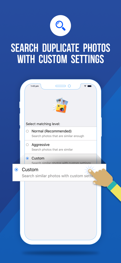 Duplicate Photos Fixer - A mobile interface for Duplicate Photos Fixer app showing custom matching level options for searching duplicate photos.
