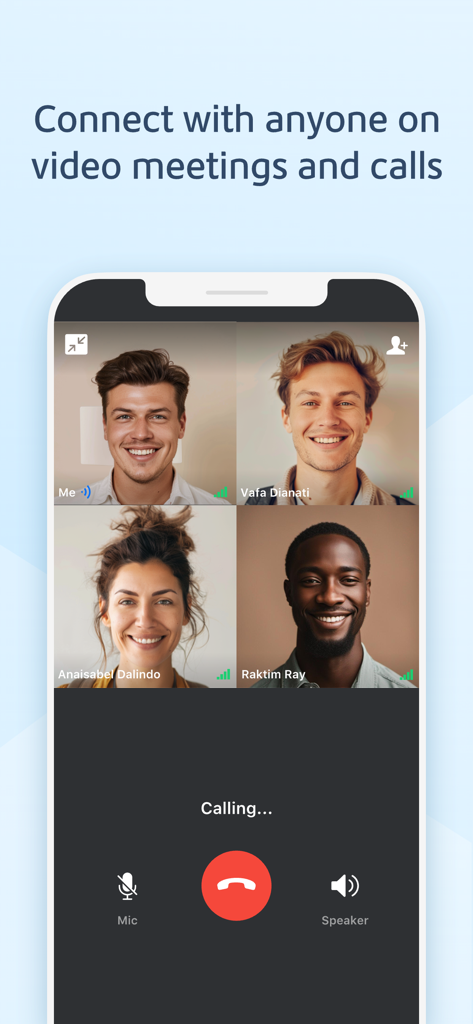 大象-企业移动办公平台 - Smartphone screen showing a four-person enterprise video meeting with control buttons