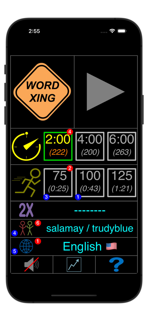 WordXing - Main menu interface of the WordXing word game showing game mode options and settings