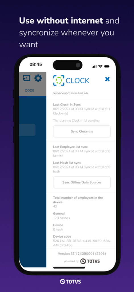 TOTVS RH Clock In - Interface do aplicativo TOTVS RH Clock In mostrando sincronização de dados offline e botões de status de sincronização