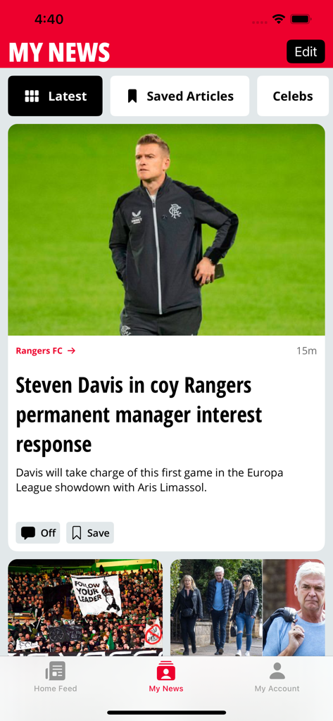 Daily Record App - Der Abschnitt „Meine Nachrichten“ der Daily Record App mit einem Sportartikel über die Rangers FC