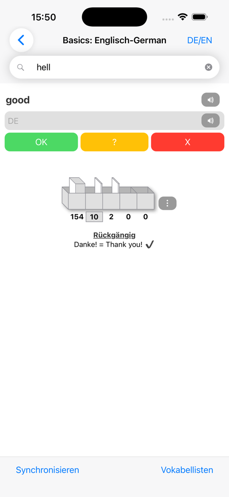 Interface of the dict.cc vocabulary trainer showing an English to German translation quiz with a card box learning system