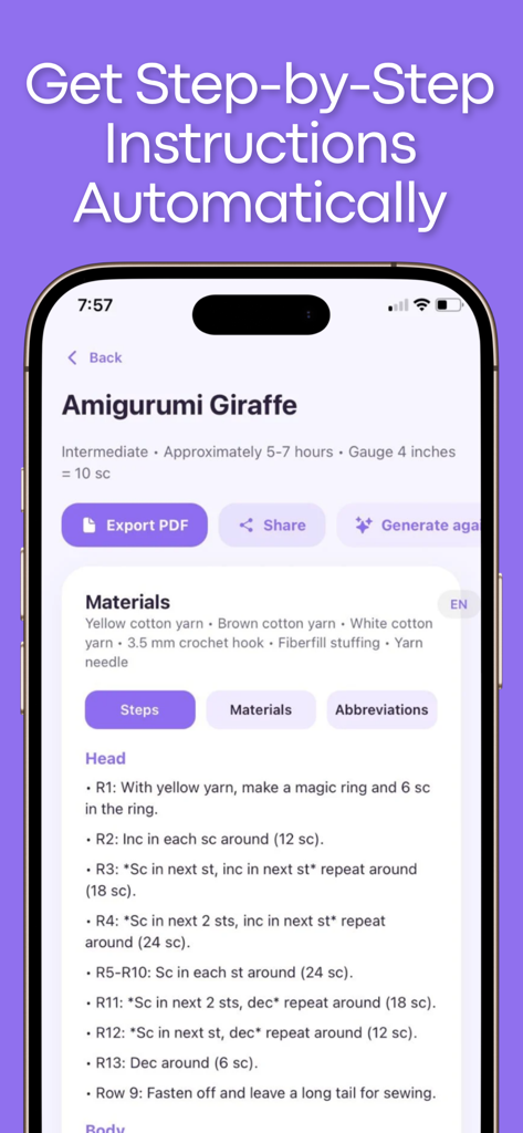 Automatic step by step crochet instructions for amigurumi giraffe