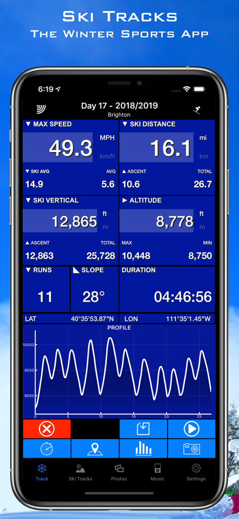 Ski Tracks app interface showing speed distance and vertical stats