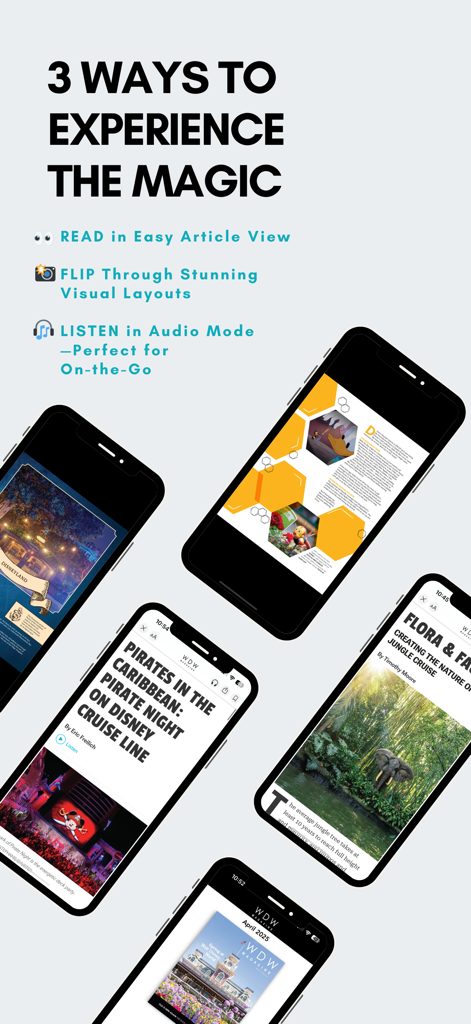 WDW Magazine - WDW Magazine app interface showing article view, visual layouts, and audio mode on multiple smartphone screens
