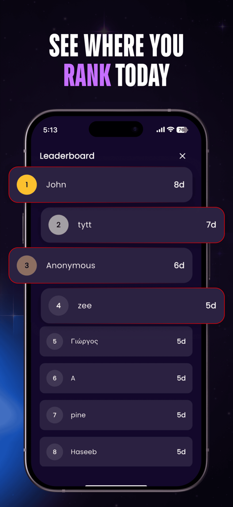 HoldX - Stop Porn Forever - A mobile app leaderboard showing user rankings by sobriety streak days