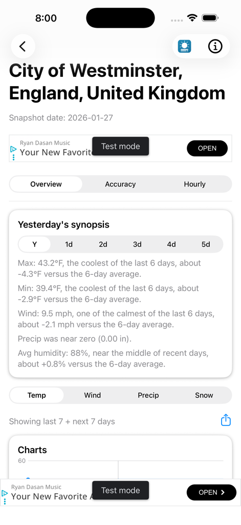 The Weather Recap - Captura de tela do aplicativo The Weather Recap mostrando um resumo detalhado das condições meteorológicas de ontem com comparações de dados