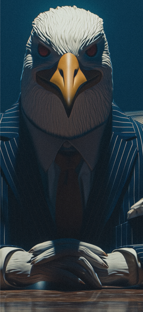 Seagull Rope - An anthropomorphic seagull wearing a professional pinstripe suit and red tie sitting at a negotiation table.