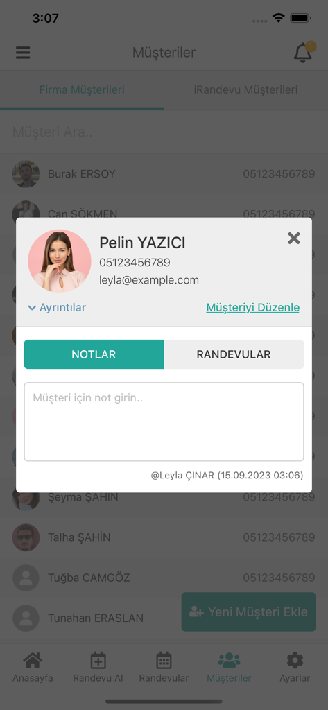 Mobile app interface displaying a customer profile popup with contact information and a notes section for client management.