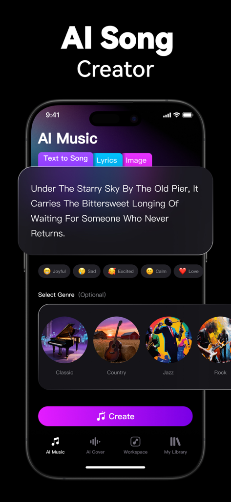 AI song creation interface in the SingUp Music app showing text to song prompt input and genre selection